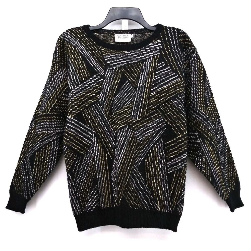 Personal Petites Sweater Womens Size PS Black Long Sleeve Geometric Threaded Top